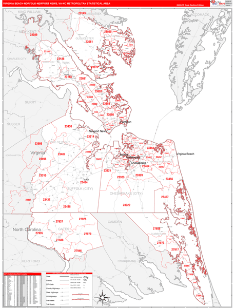 Virginia Beach-Norfolk-Newport News Metro Area Digital Map Red Line Style